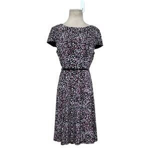 Eliza J black pink confetti print cap sleeves belted dress size 12P